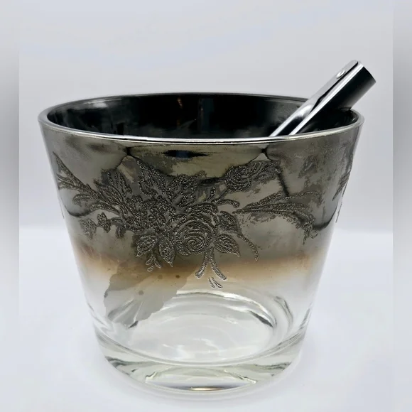 Vintage Silver Ombre Glass Ice Bucket Floral Etched w Tongs MCM Style - Picture 3 of 8